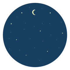 Fototapeta premium Night sky with crescent moon and stars. Round dark blue background isolated on white. Summer lunar firmament. Icon. Flat.