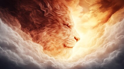 Obraz premium Majestic lion emerging from fiery clouds, a breathtaking digital art piece.