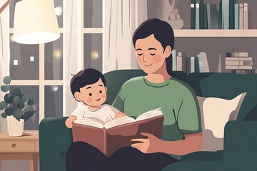 A single parent reading a bedtime story to their child in a cozy living room, illustrating the bond formed through shared experiences