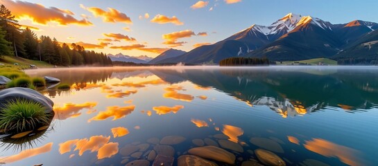 Tranquil Mountain Lake at Sunrise with Golden Cloud Reflections