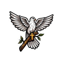 A serene white dove, wings outstretched, bearing a subtly imprinted cross on its wing, symbolizing peace and faith.  Focus on delicate feather detail.