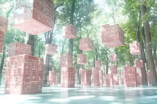 Enigmatic Cube Forest:  A surreal landscape unfolds, where numerous translucent red cubes float and rest amidst a tranquil forest, their surfaces etched with cryptic numbers.