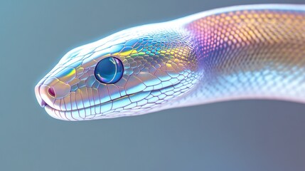 Fototapeta premium Iridescent Snake Head Closeup Scales Blue Eye Pastel Background