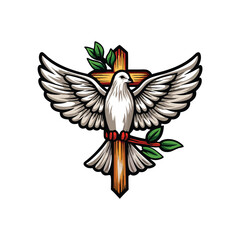 A serene white dove, wings outstretched, displaying a clearly visible cross imprinted on its wing; soft light, peaceful expression.
