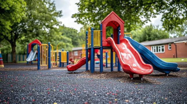 Colorful playground equipment with red slide and climbing frame in outdoor park setting with green trees and mulch ground