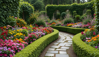 Colorful Flower Garden Path with Stone Walkway