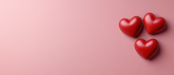 Three red hearts on a soft pink background, symbolizing love and affection.