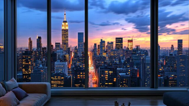 Evening skyline view of New York City with Empire State Building at sunset