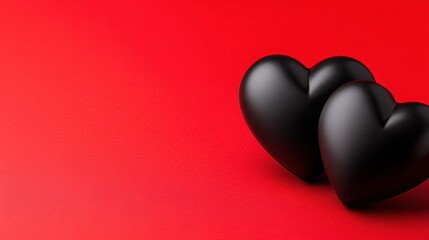 Fototapeta premium Two black heart shapes on a vibrant red background symbolize love and passion.