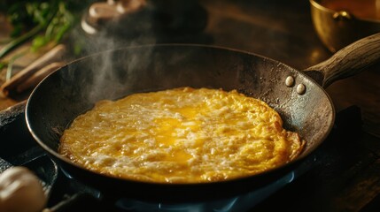 Omelette cooking with melted cheese in a skillet on a stove with various kitchen utensils and a healthy meal preparation setting