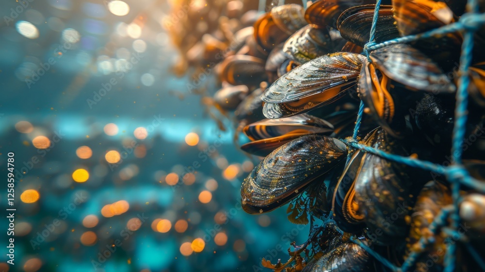 Poster a close up perspective of mussels suspended in a net underwater, highlighting aquaculture methods us