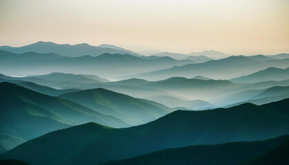 Obraz premium a minimalist and abstract depiction of a serene mountain landscape featuring layered rolling hills in soft gradients of beige gray and dark green