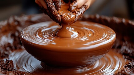 Potter's hands shaping clay on a spinning wheel