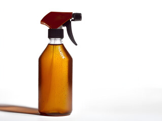 Amber Cleaning Spray Bottle: A translucent amber spray bottle with a red trigger, isolated against a plain background, stands ready to dispense a refreshing, effective cleaning solution.