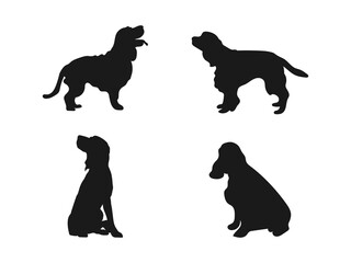 English Springer silhouette. Hand-drawn silhouette illustration. A dog in different poses. Flat-style dog logo collection. Side and front view silhouettes are isolated on a white background.