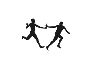 A man passing a relay baton to a teammate silhouette. Silhouette people passing relay baton. Passing Relay Baton Stock Illustrations.  the silhouette is set isolated on a white background.