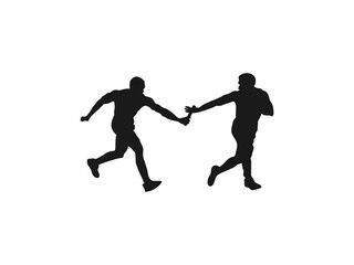 A man passing a relay baton to a teammate silhouette. Silhouette people passing relay baton. Passing Relay Baton Stock Illustrations.  the silhouette is set isolated on a white background.