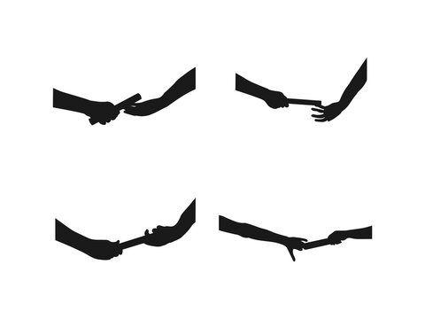 A man passing a relay baton to a teammate silhouette. Silhouette people passing relay baton. Passing Relay Baton Stock Illustrations.  the silhouette is set isolated on a white background.