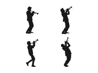 Man playing the trumpet silhouette set. Trumpet musician. The musician stands at full height with a trumpet in his hand. Black silhouette of a trumpeter on a white background.