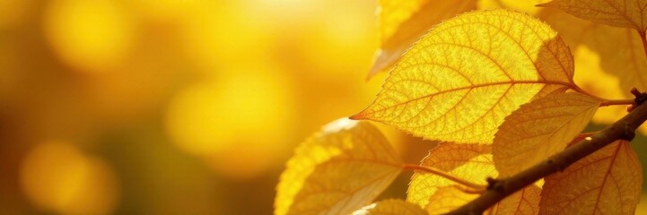 Obraz premium Yellow leaf gold foil in sunlight, warm glow, natural light, leaf texture