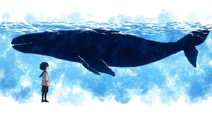 A young boy gazes up at a massive whale beneath the ocean's surface. A serene watercolor painting of ocean life.