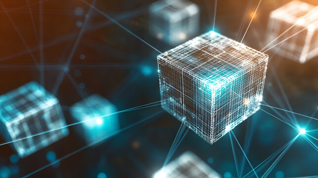 Blockchain Network: Abstract representation of a blockchain network, showcasing interconnected data cubes symbolizing decentralized technology and secure transactions.