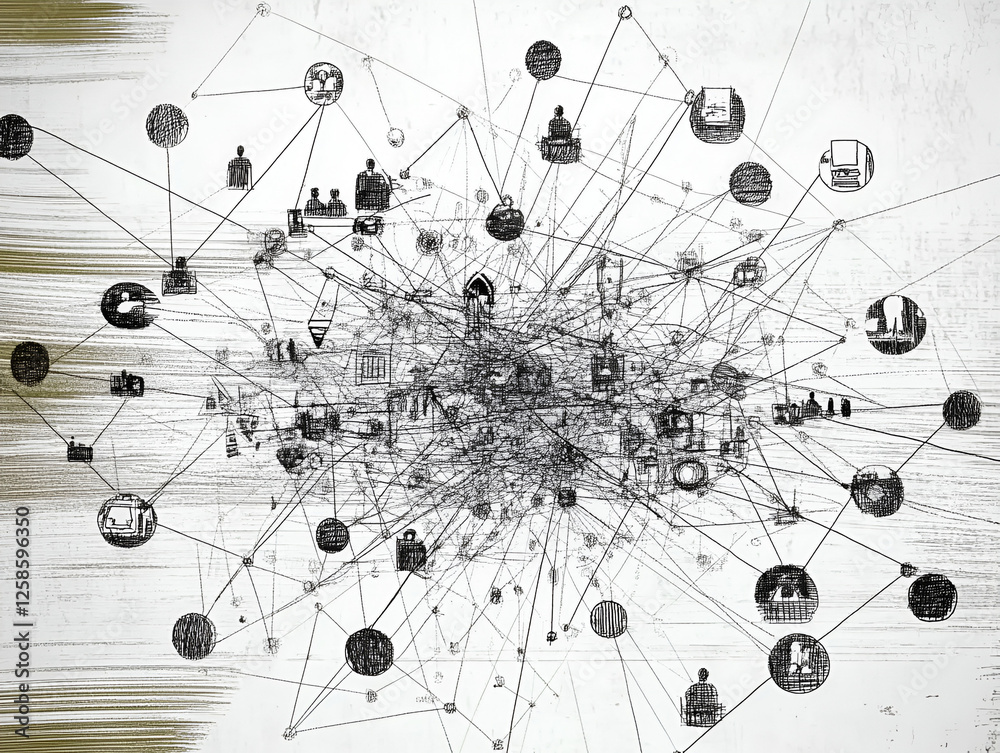 Poster global network visualization: an intricate network of interconnected nodes and lines, representing a