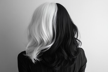 Naklejka premium Back view of a woman with half black and half white hair wearing a black shirt