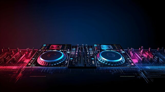 Dj Equipment In Neon Night Club Lighting