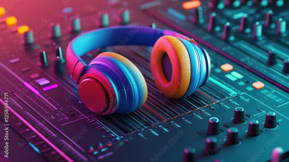 Poster colorful headphones resting on a modern music mixer in a vibrant studio setting during late evening 