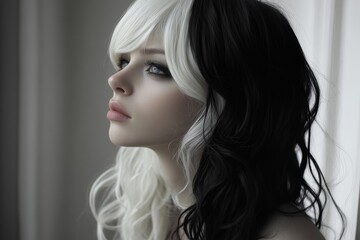Fototapeta premium Profile of a fashion model showcasing a unique half-black, half-white hairstyle and dramatic smokey eye makeup