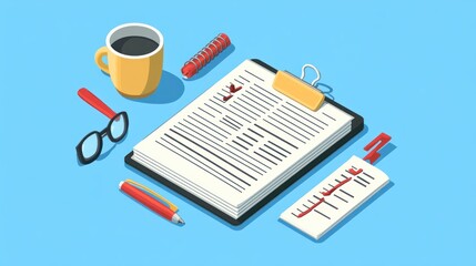Isometric Workplace Document Review Coffee Pen Glasses