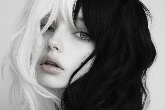 Black and white portrait of a beautiful woman with half blonde and half black hair, showing duality concept - Powered by Adobe