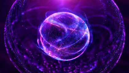 Abstract luminescent sphere pulsating with vivid neon energy. Particles and waves of magical glowing
