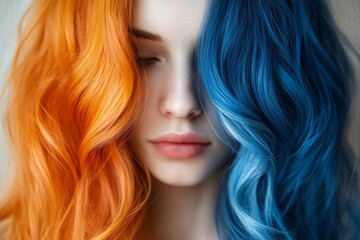 Naklejka premium Portrait of a young woman with orange and blue two-toned hair color covering part of her face, showcasing a modern hairstyle