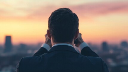 Businessman Observing Horizon Through Telescope at Sunset
