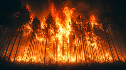 Forest fire burning wildly at night, destroying trees and spreading destruction