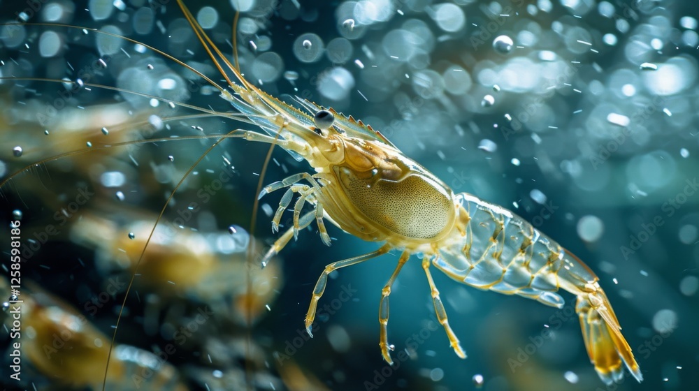 Poster a shrimp gracefully swims through crystal clear water, surrounded by tiny bubbles, showcasing its de