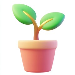 A vibrant, stylized plant with two green leaves in a pink pot, symbolizing growth and nurturing in a minimalist design.