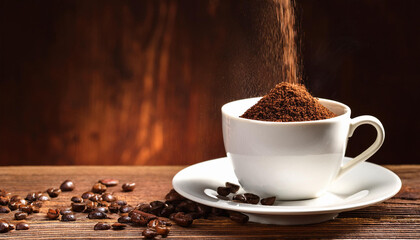 pouring coffee powder on coffee cup on brown wooden borrd background