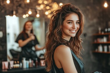 Young woman with long brown hair smiling after beauty treatment in hair salon