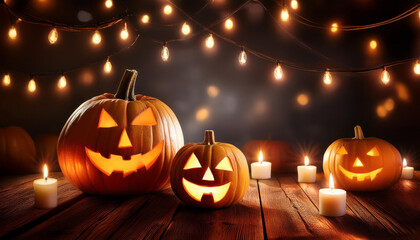 halloween jack o lanterns candles and string lights on wooden desk