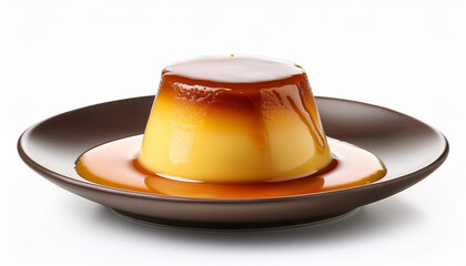 flan dessert on white background