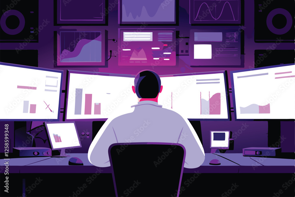 Wall mural a focused researcher meticulously analyzes data on multiple computer screens in a modern, well-equip