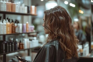Hairdresser showing her long wavy hair in a beauty salon with hair products in the background