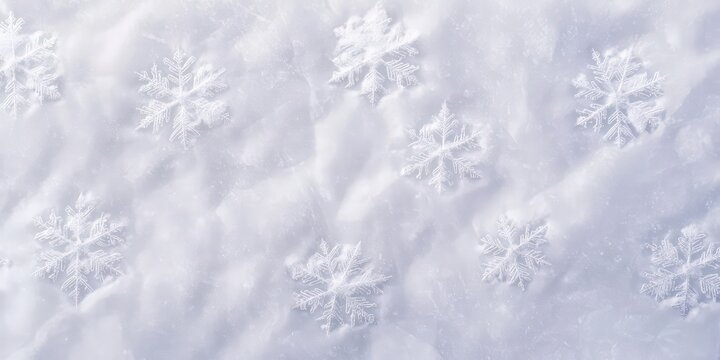 A close-up of white snowflakes on the surface of freshly fallen snow, creating a serene winter scene. - Powered by Adobe