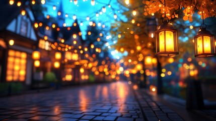 Fototapeta premium Romantic evening stroll down a charming street, illuminated by warm lantern lights and twinkling string lights.