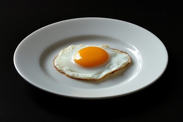 Classic breakfast food, a single fried egg sunny side up, rests on a clean white plate against a dark backdrop