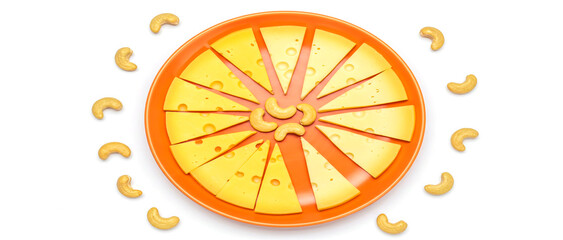 Flat lay of a plate of assorted cheese and nuts