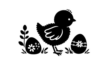 Silhouette chick walking between Easter eggs – minimalist monochrome vector illustration © Luka